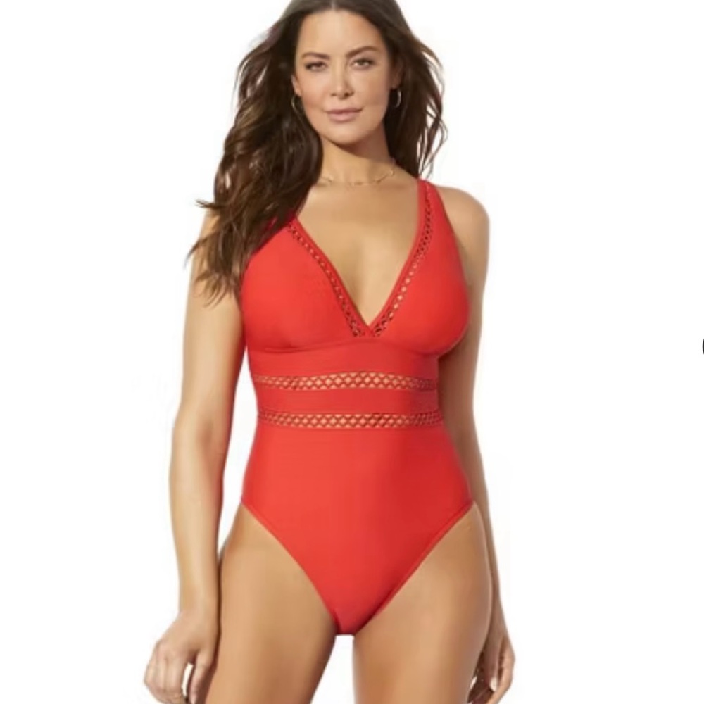 Cherry Red Lattice Cut-Out Plunge V-neck One Piece Swimsuit Swimwear Size 10